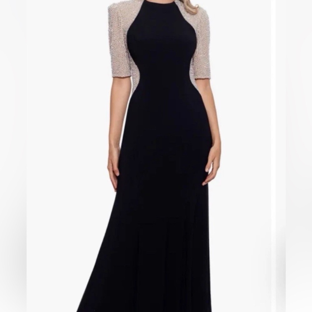 Xscape Caviar Beaded Mesh Short Sleeve Crew Neck Jersey Sheath Gown - 12